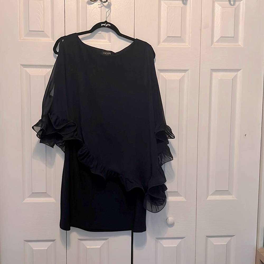 Xscape Navy blue party dress - ruffle cape sleeves - size 12